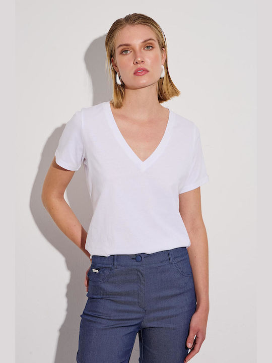 Bill Cost Women's Blouse Cotton Short Sleeve with V Neck White