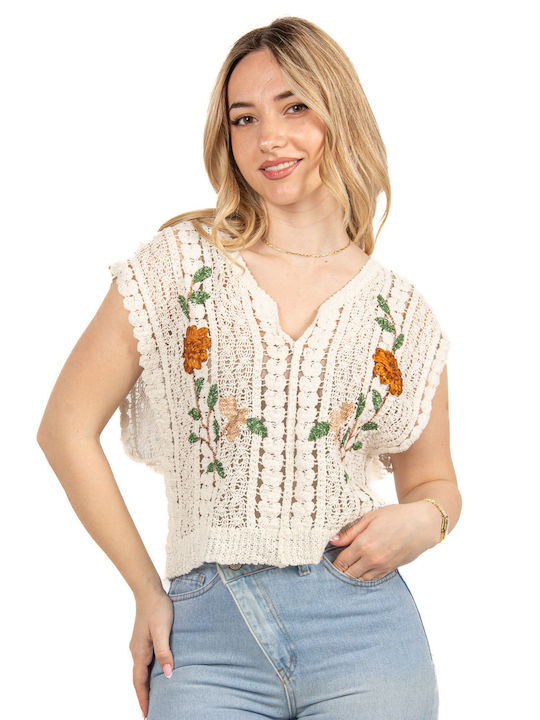 Kazaka Knitted Blouse with Embroidery Beige