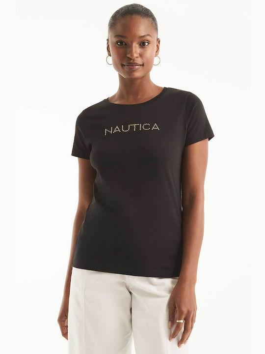 Nautica Women's T-shirt Solid Color Applique Logo 37v016 Black