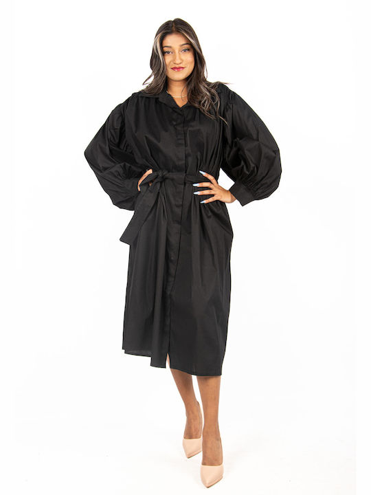 Oversized Puffed Sleeve Black Dress