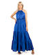 Blue Satin Ruffle Dress