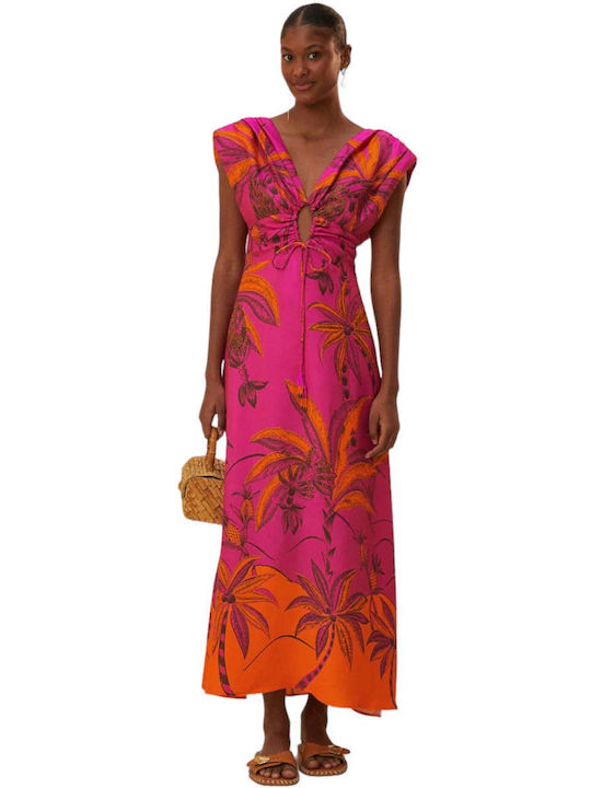 Farm Rio Maxi Φόρεμα με Βολάν Ροζ