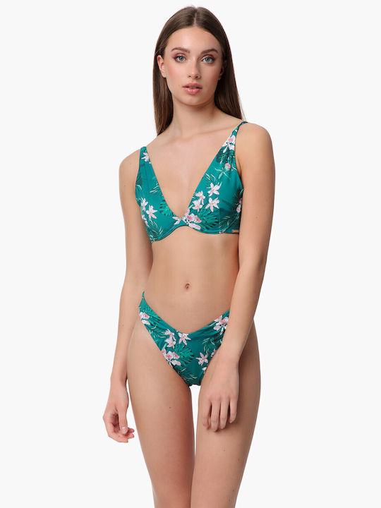 Minerva Underwire Triangle Bikini Top with Adjustable Straps Green-pink Floral