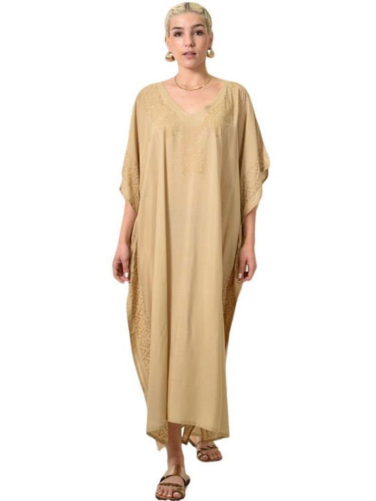 Women's Solid Color Caftan with Gold Design Beige 24103