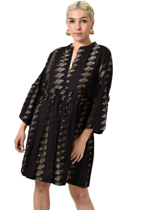 Kurzer gerüschter Kaftan mit schönem Design Schwarz 24098