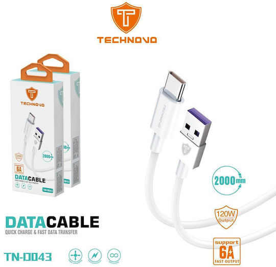 Technovo Cablu USB 2.0 Fast Data USB-C Masculin - USB-A 120W PD Alb 2m TN-D043