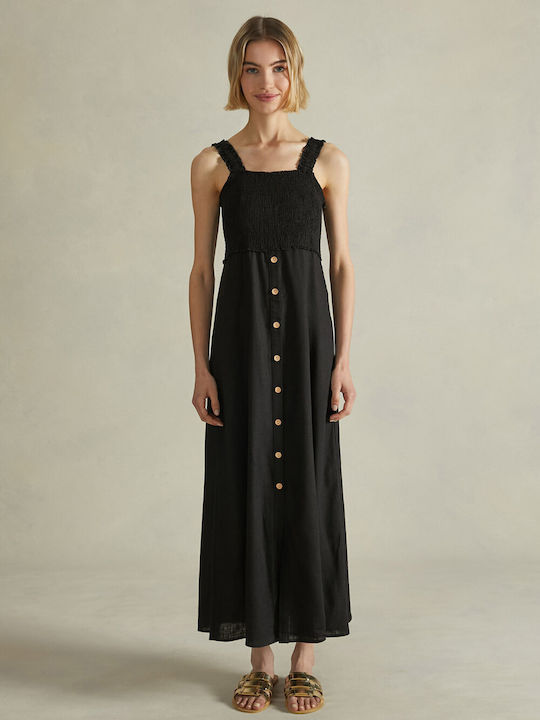 Black Linen Midi Dress with Straps