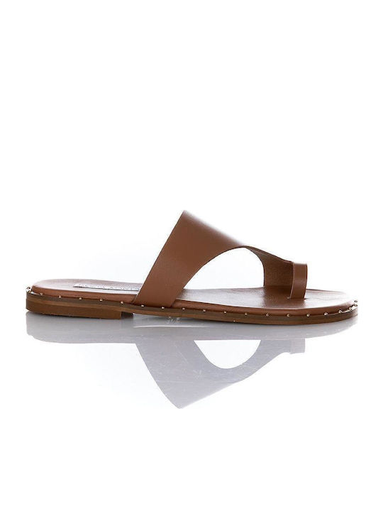 Leather Women's Flat Sandals in Tabac Brown Color