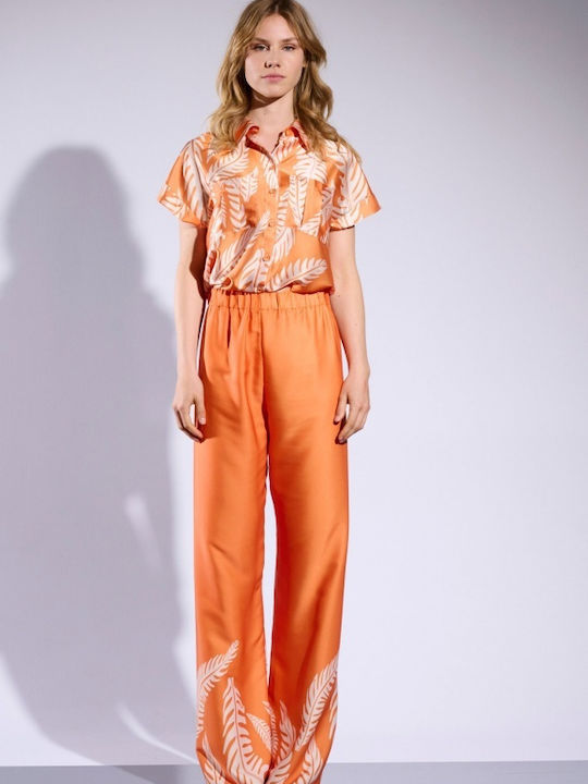Matis Fashion Κοντομάνικο Γυναικείο Σατέν Πουκάμισο Πορτοκαλί Floral