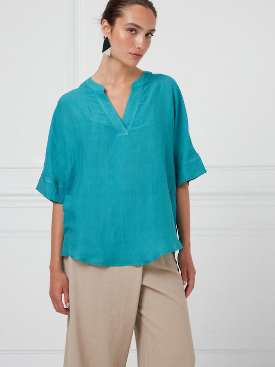 Bill Cost Women's Summer Blouse Linen with V Neckline Green