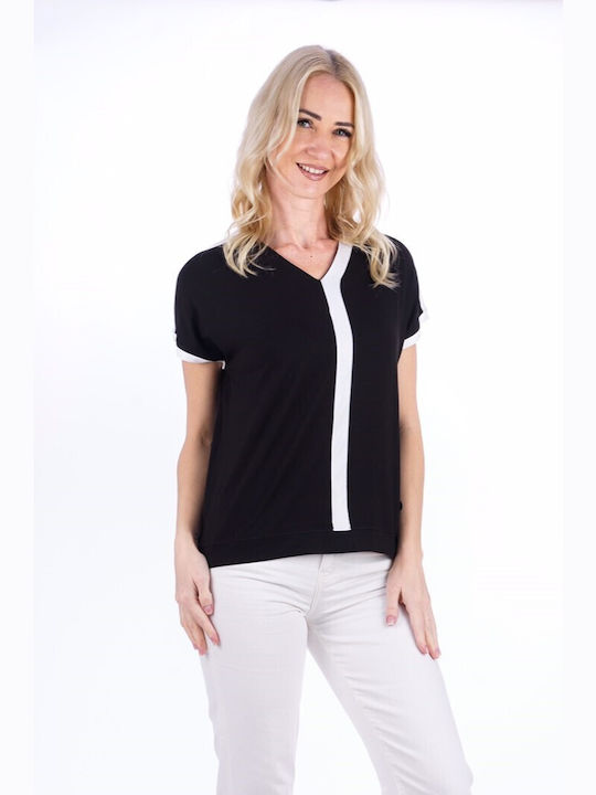 BeWear Women's Blouse Short Sleeve with V Neckline Black