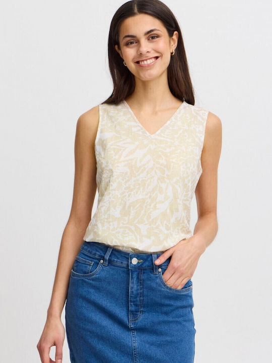Women's Blouse Cotton Sleeveless with V Neckline Floral Ecru