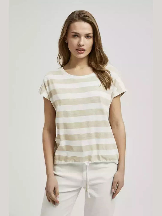 Make your image Women's Blouse Cotton Short Sleeve Striped Beige