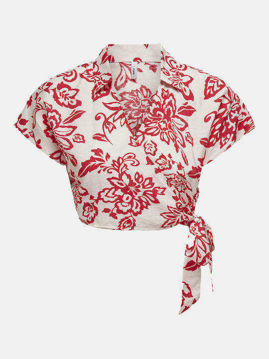 Only Women's Crop Top Short Sleeve Floral Red