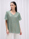 Fibes Women's Blouse Short Sleeve with V Neckline Green