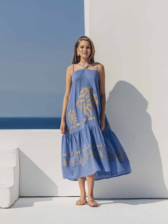 Nema Resort Wear Midi Kleid mit Rüschen Blau