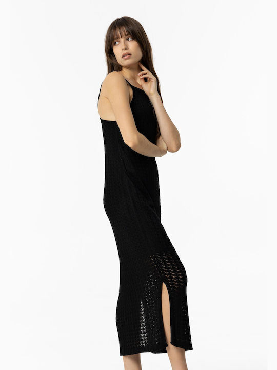 Tiffosi Maxi Φόρεμα Πλεκτό με Σκίσιμο Μαύρο