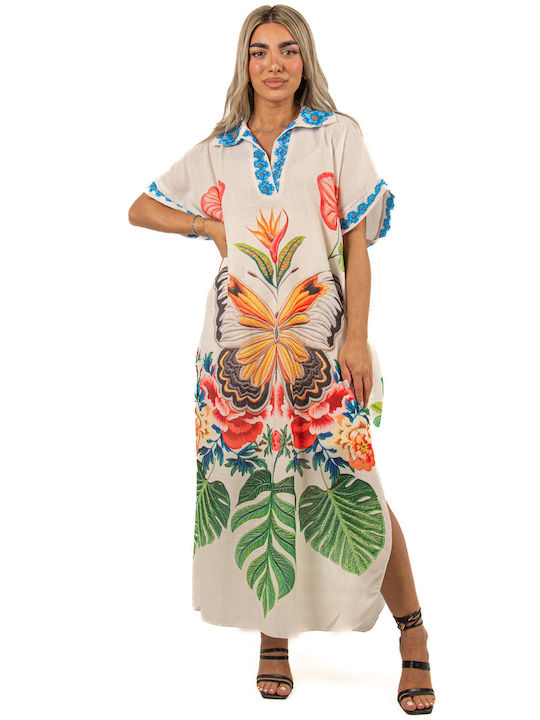 Rochie Kaftan din in cu fluturi