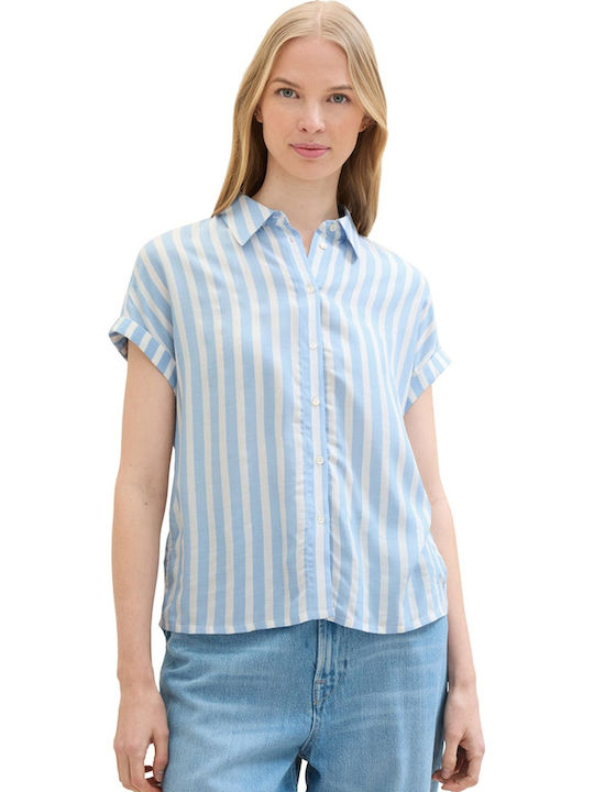 Къс ръкав Женска Риза Offwhite Blue На райета