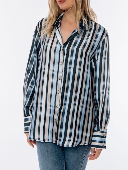 Donna Martha Women's Satin Striped Long Sleeve Shirt Blue