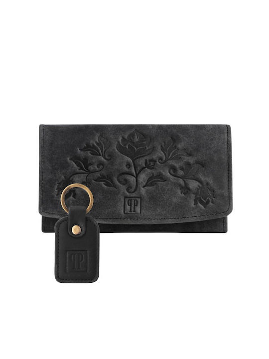 Paolo Peruzzi Zup-104-bl Women's Vintage Leather Wallet Gift Set Keychain Black