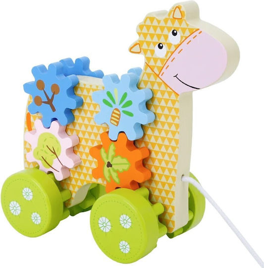 Jucărie interactivă Zola, model girafă din lemn, cu tragere, multicoloră, 18x7.5x14.5 cm