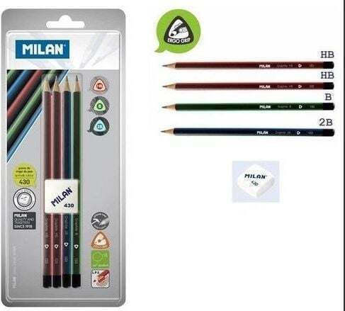Milan Triangular Pencils 4 Pcs + Eraser 430 Blister Milan