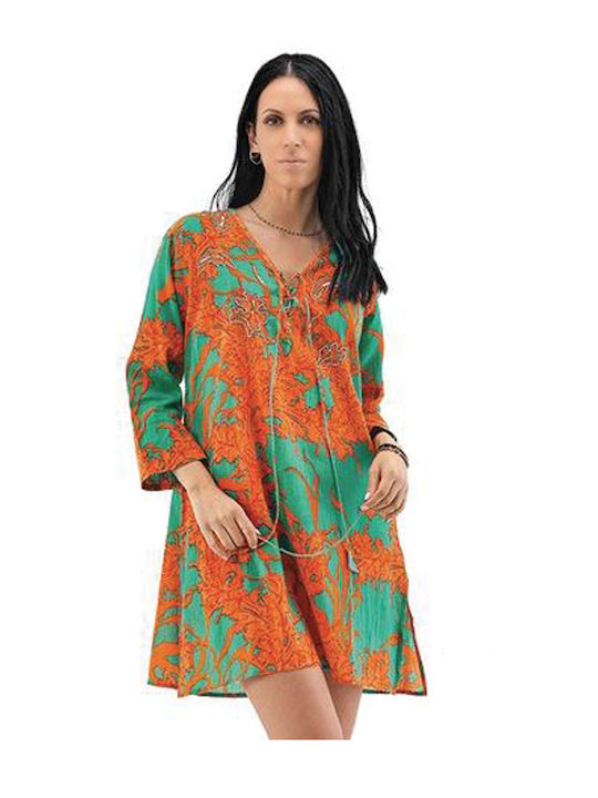 Γυναικείο Φόρεμα Καφτάνι Παραλία Πράσινο Πορτοκαλί Κοντό Agathi 100% Βαμβάκι