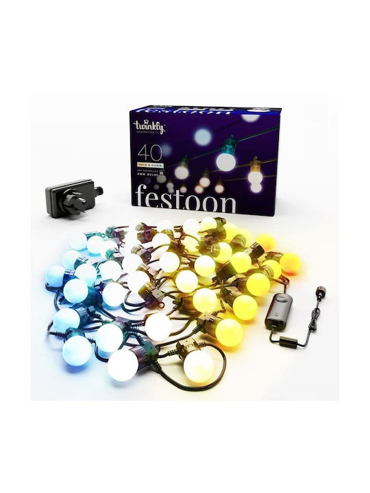 Twinkly Festoon Водоустойчива Смарт Гирлянда за Осветление LED 20м с 40 Крушки Twinkly Festoon Водоустойчива Смарт Гирлянда за Осветление LED 20м с 40 Крушки