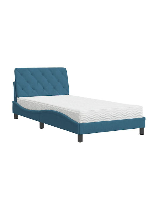 Κρεβάτι Μονό Επενδυμένο με Ύφασμα Μπλε με Τάβλες για Στρώμα 100x200cm