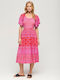 Superdry D2 Ovin Midi Βραδινό Φόρεμα με Βολάν Ροζ