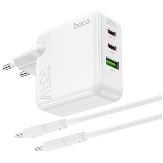 Hoco Charger with USB-A Port and 2 USB-C Ports and Cable USB-C - USB-C 100W Power Delivery / Quick Charge 3.0 Whites (C115A)