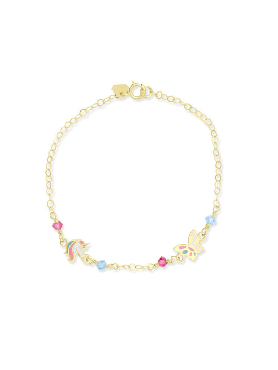 Kids Gold Bracelet 9K Μονόκερος with Butterfly for Girl