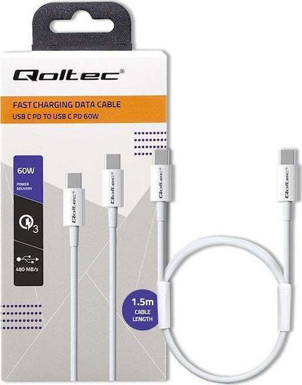 Qoltec USB 2.0 Cable USB-C male - USB-C 60W PD Λευκό 1.5m 52360