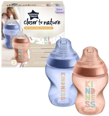 Tommee Tippee Plastic Bottle Set Closer To Nature Anti-Colic with Silicone Nipple for 0+, 0+ m, months Pink / Purple Kindness 260ml 2pcs