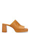 Leather Mules with Chunky High Heel in Brown Color