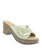 Leather Mules with Chunky High Heel in Green Color
