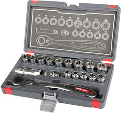 Proline 58717 Set Chei Tubulare și Chei cu Clichet 3\8" & 1\2" & 3\4" 17 Bucăți