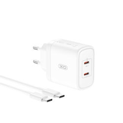 XO Ladegerät mit 2 USB-C Anschlüsse und Kabel USB-C - USB-C 50W Stromlieferung Weißs (CE08)