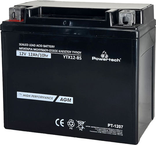 Powertech Μπαταρία Μοτοσυκλέτας YTX12-BS με Χωρητικότητα 12Ah