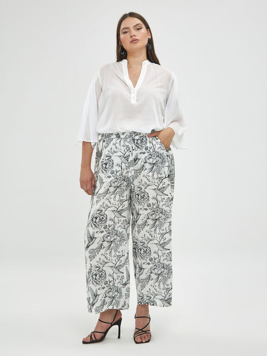 Mat Fashion Women's Fabric Trousers with Elastic Floral White