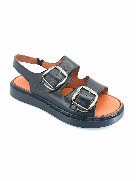 Boxer Leather Women's Flat Sandals with Strap in Black Color