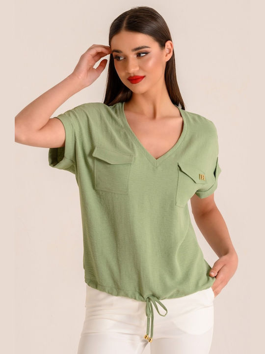 Derpouli Women's Blouse Short Sleeve with V Neckline Mint