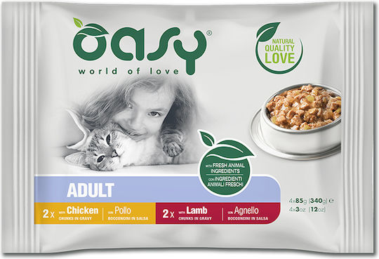 Oasy Υγρή Τροφή για Ενήλικες Γάτες σε Φακελάκι με Κοτόπουλο και Αρνί 4x85gr