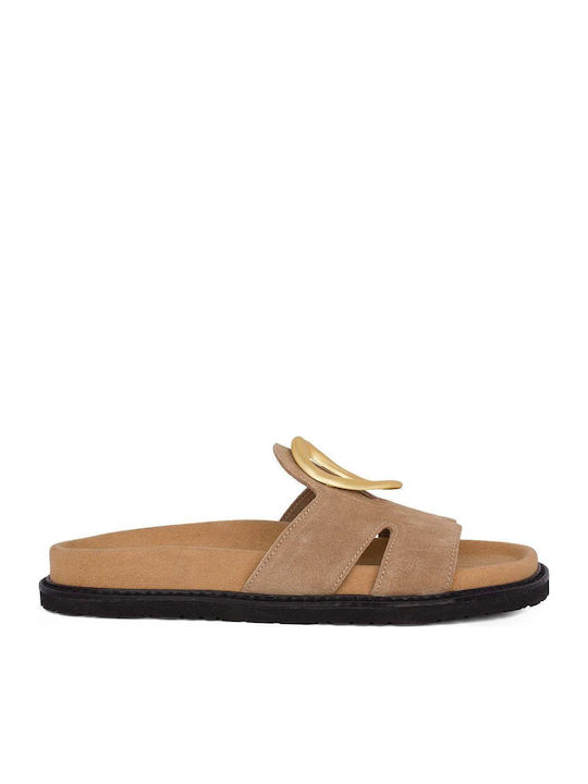 Leather Women's Flat Sandals in Beige Color