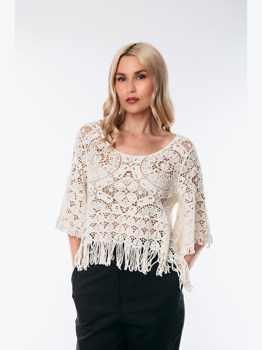 Dress Up Women's Blouse with Lace Beige