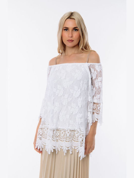 Dress Up Women's Blouse with Lace White