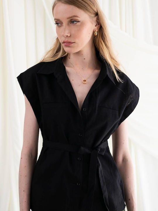 Frankie Kurzärmelig Damen Leinen Hemd Black