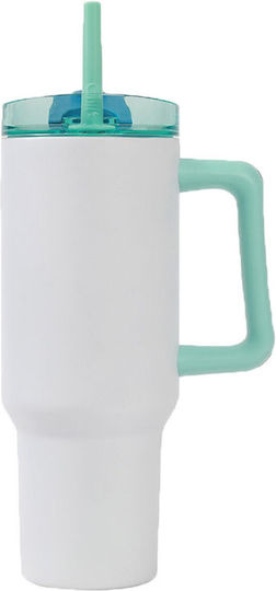 Total Gift Pahar cu mâner Termos Oțel inoxidabil 1.2lt White cu Pai și Mâner