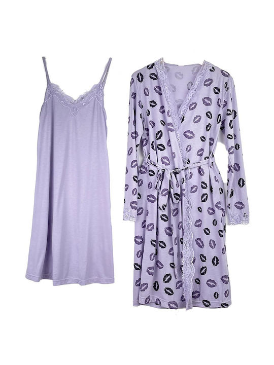 Women's Set Nightgown Robe Design Lips Slim Fit Purple